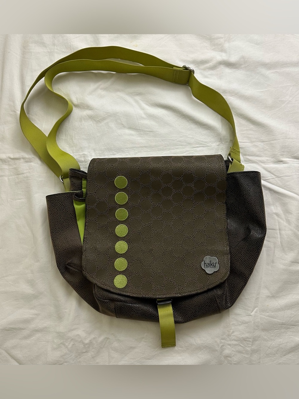 Haiku Olive Brown Messenger Bag with Lime Accents